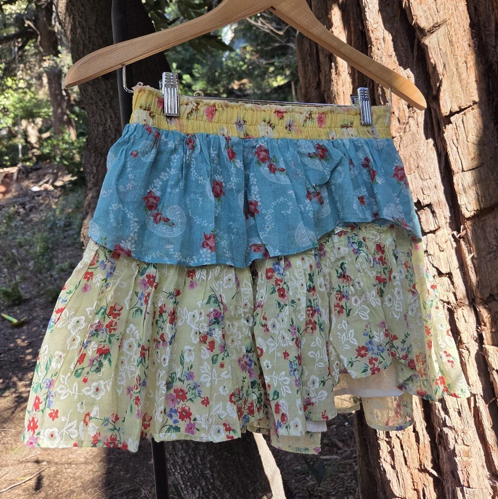 LoveShackFancy 100% Cotton Soleil Patchwork Floral Ruffle Skirt‎